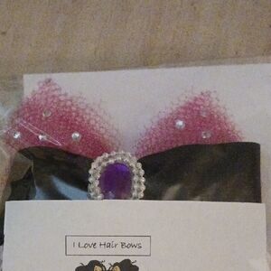 Pink and Black Hair Bow with Gem